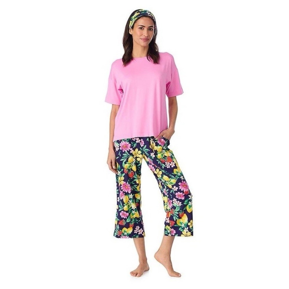 Cuddl Duds Womens Lemons Floral Crop Pajamas Short Sleeve Headband 3 Pc Set Sz M